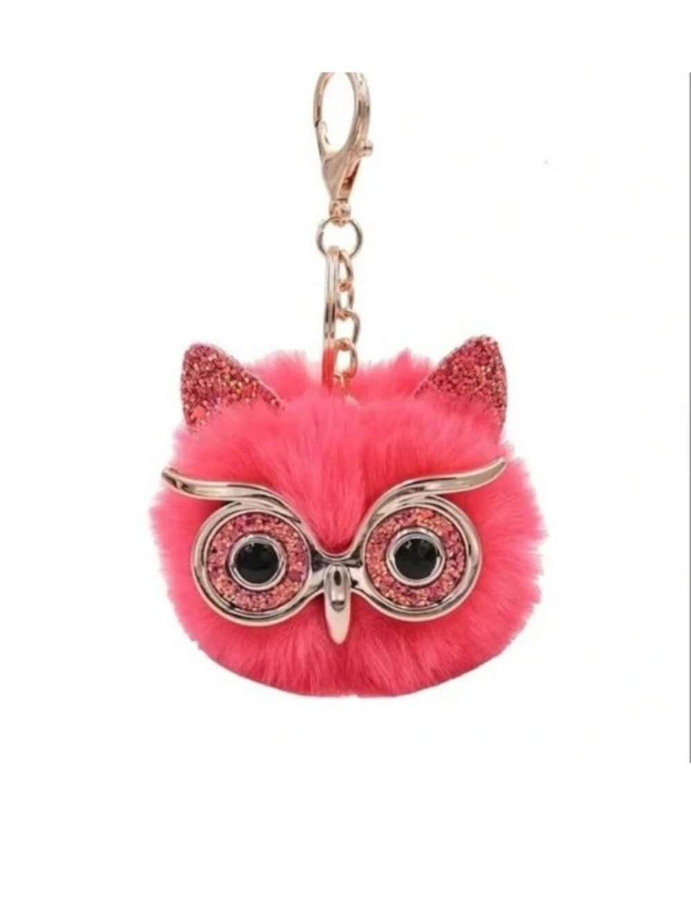OWL Bag Charm Keychain Pom Pom Purse Pink Glasses Rhinestones Glam Fuzzy Trendy